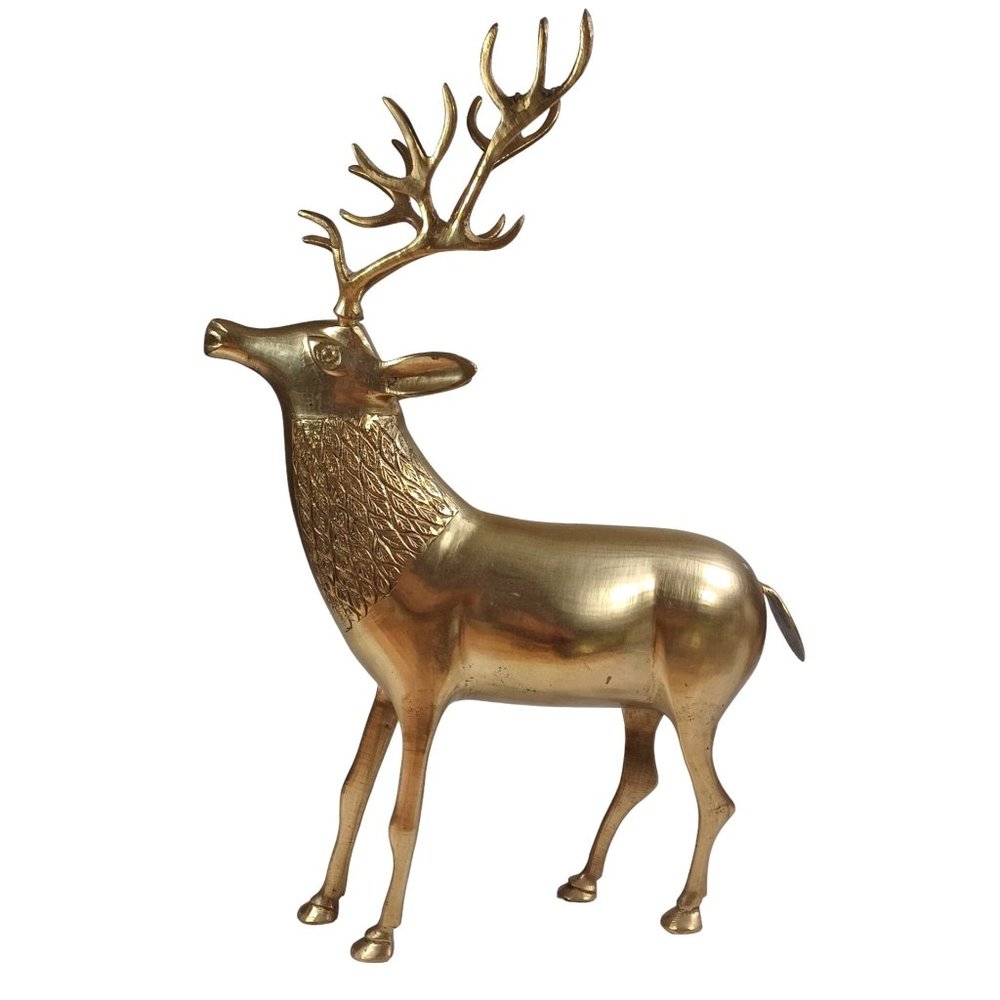 15.5" Vtg MCM Brass Reindeer Deer Stag 5 Point Buck Hollywood Regency Sc…